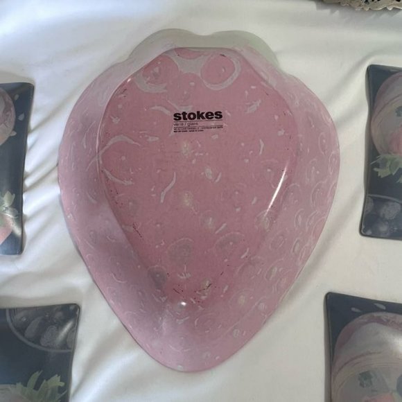 Stokes Strawberry Glass Large Bowl with Serving Dish Plates Lot of 5 - Picture 5 of 9